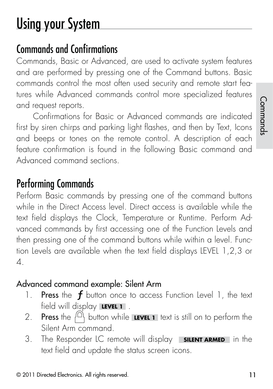 Using your system, Commands and conﬁrmations, Performing commands | CLIFFORD Responder LC 570.4X User Manual | Page 14 / 63