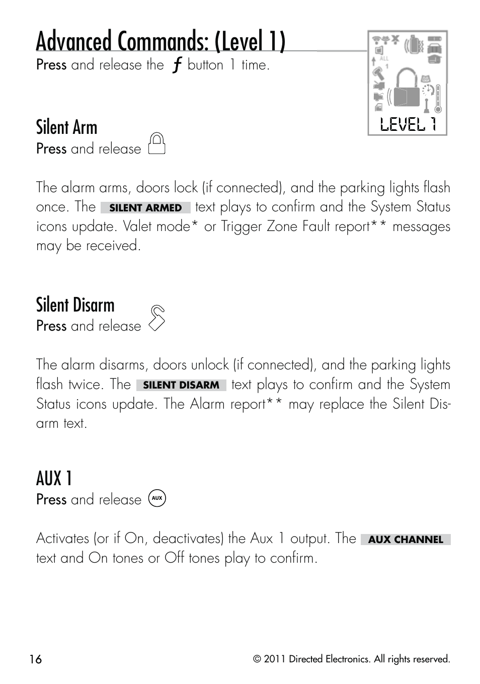 Advanced commands: (level 1), Level 1, Silent arm | Silent disarm, Aux 1 | CLIFFORD Responder LC 570.4X User Manual | Page 19 / 63