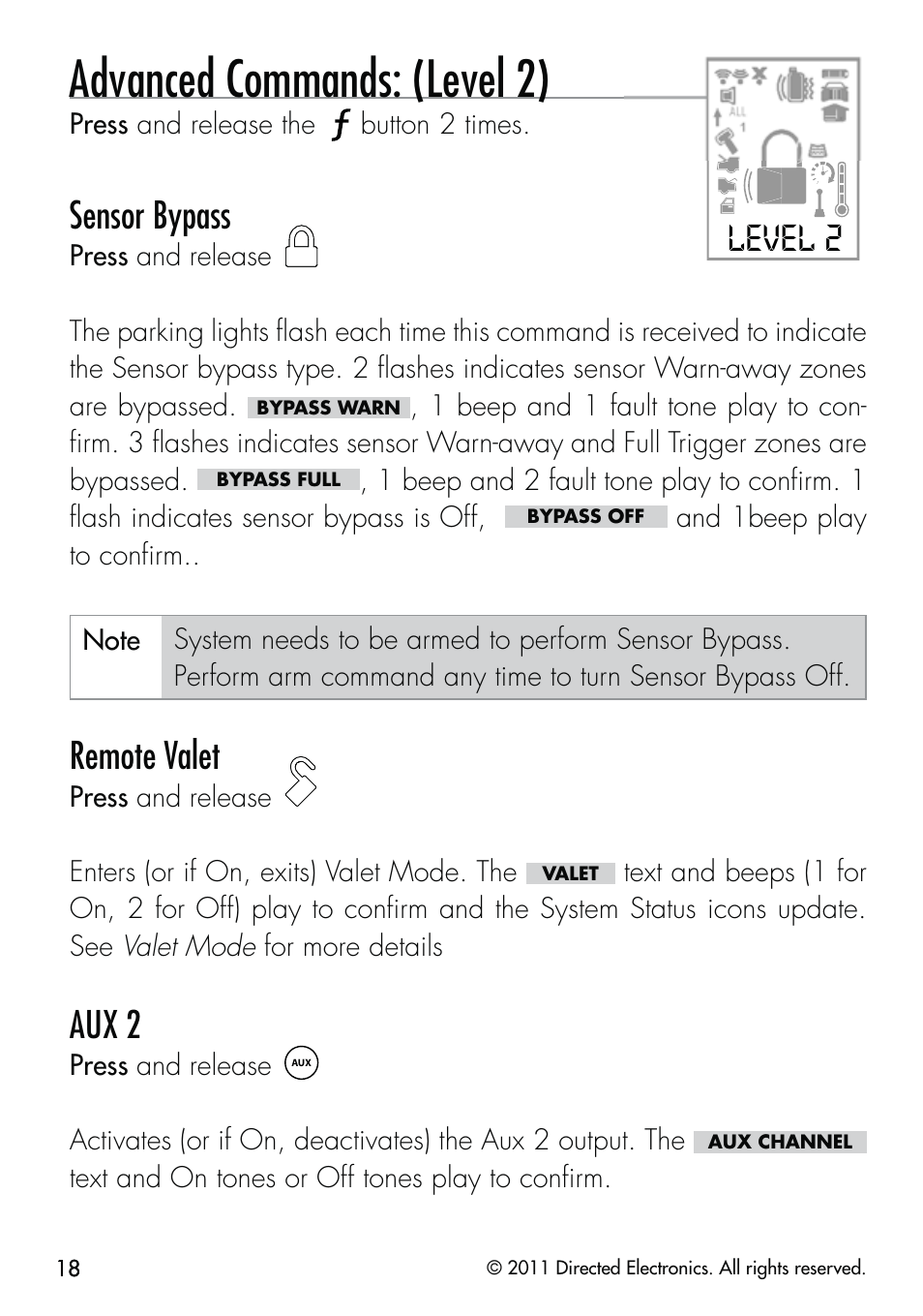 Advanced commands: (level 2), Level 2, Sensor bypass | Remote valet, Aux 2 | CLIFFORD Responder LC 570.4X User Manual | Page 21 / 63