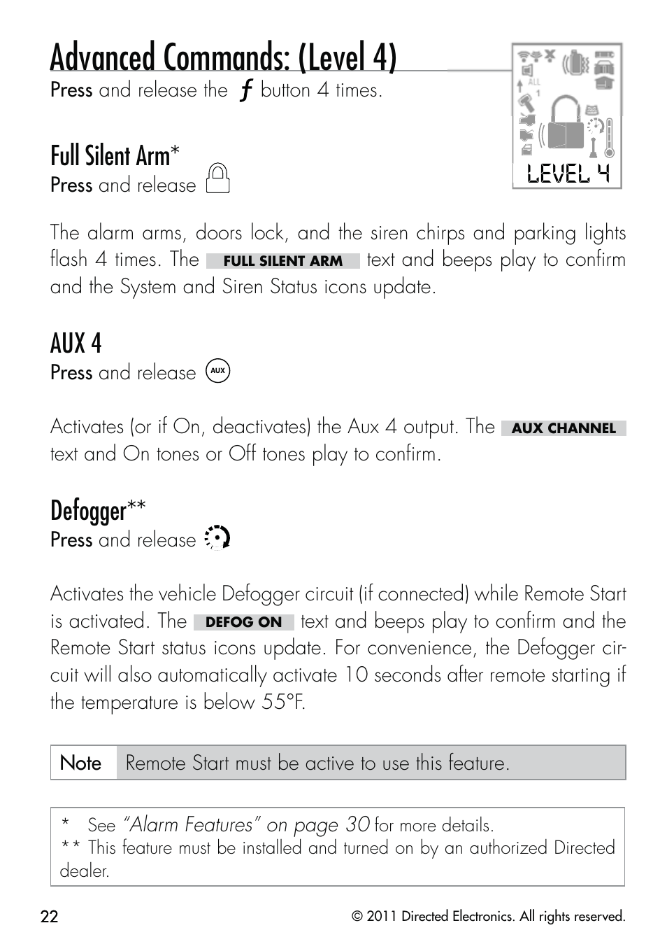Advanced commands: (level 4), Level 4, Full silent arm | Aux 4, Defogger | CLIFFORD Responder LC 570.4X User Manual | Page 25 / 63