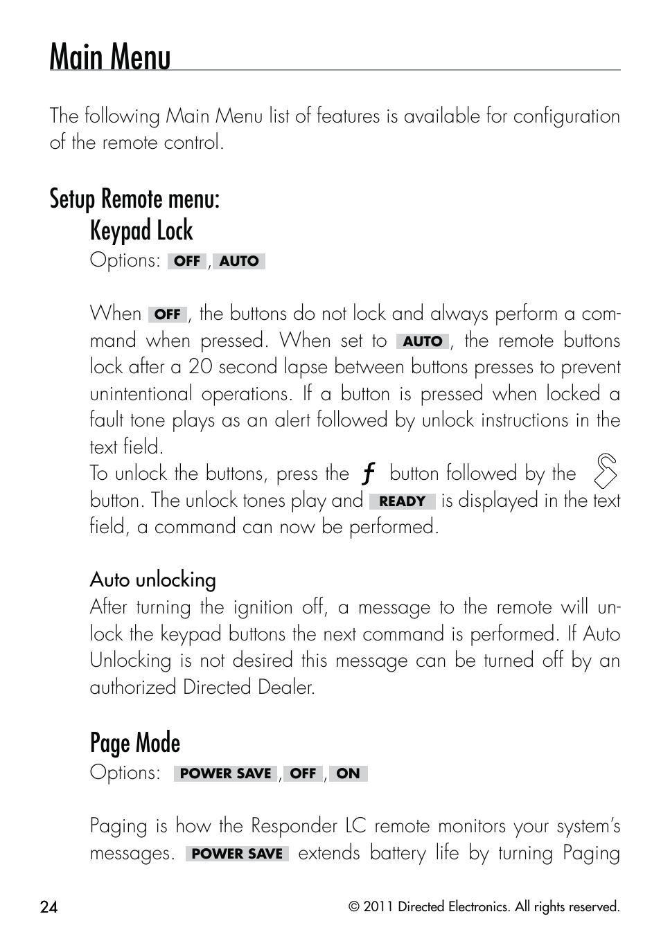 Main menu, Setup remote menu: keypad lock, Page mode | CLIFFORD Responder LC 570.4X User Manual | Page 27 / 63