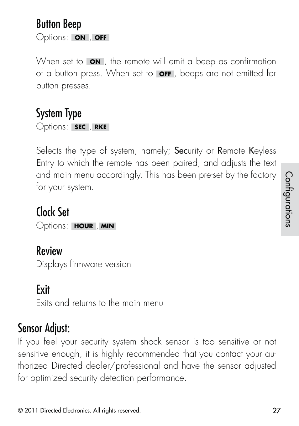 Button beep, System type, Clock set | Review, Exit, Sensor adjust | CLIFFORD Responder LC 570.4X User Manual | Page 30 / 63