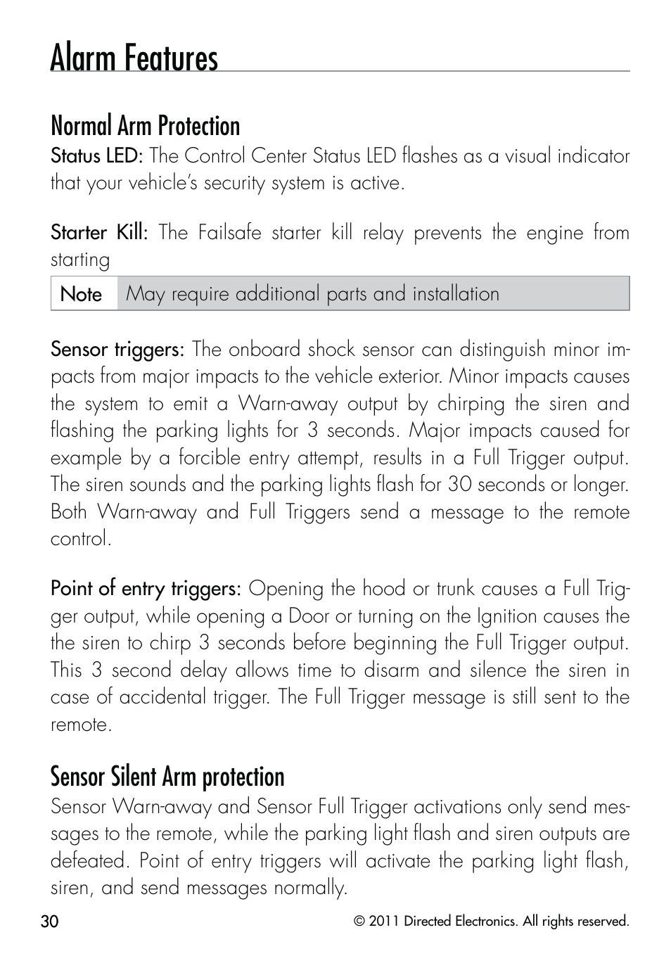 Alarm features, Normal arm protection, Sensor silent arm protection | CLIFFORD Responder LC 570.4X User Manual | Page 33 / 63