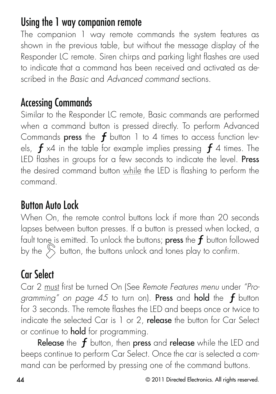 Using the 1 way companion remote, Accessing commands, Button auto lock | Car select | CLIFFORD Responder LC 570.4X User Manual | Page 47 / 63
