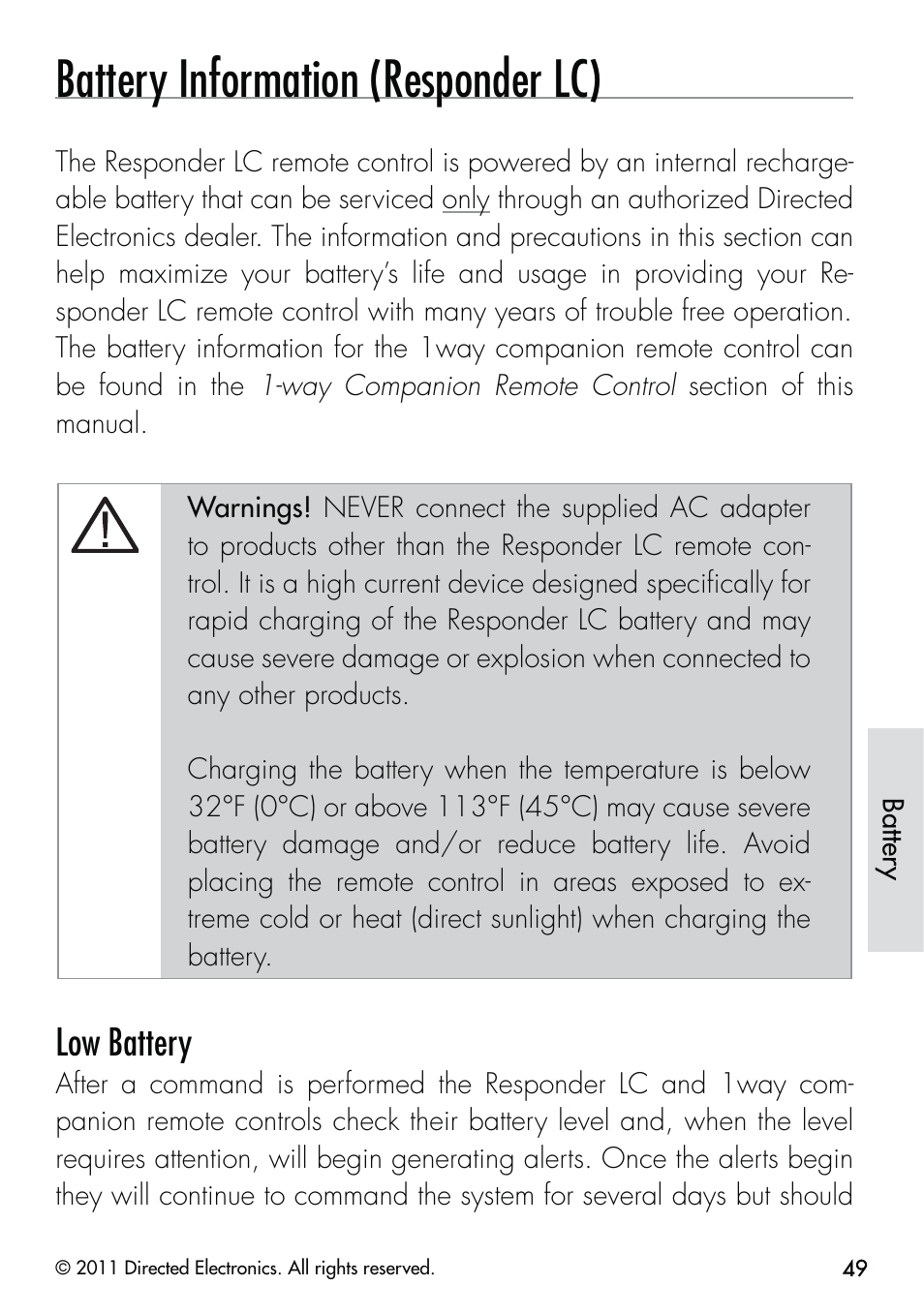 Battery information (responder lc), Low battery | CLIFFORD Responder LC 570.4X User Manual | Page 52 / 63