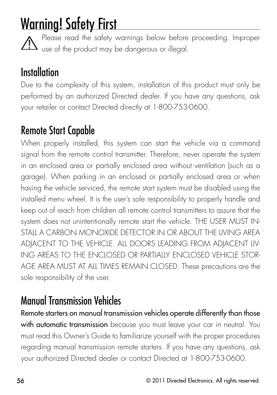 Warning! safety first, Installation, Remote start capable | Manual transmission vehicles | CLIFFORD Responder LC 570.4X User Manual | Page 59 / 63