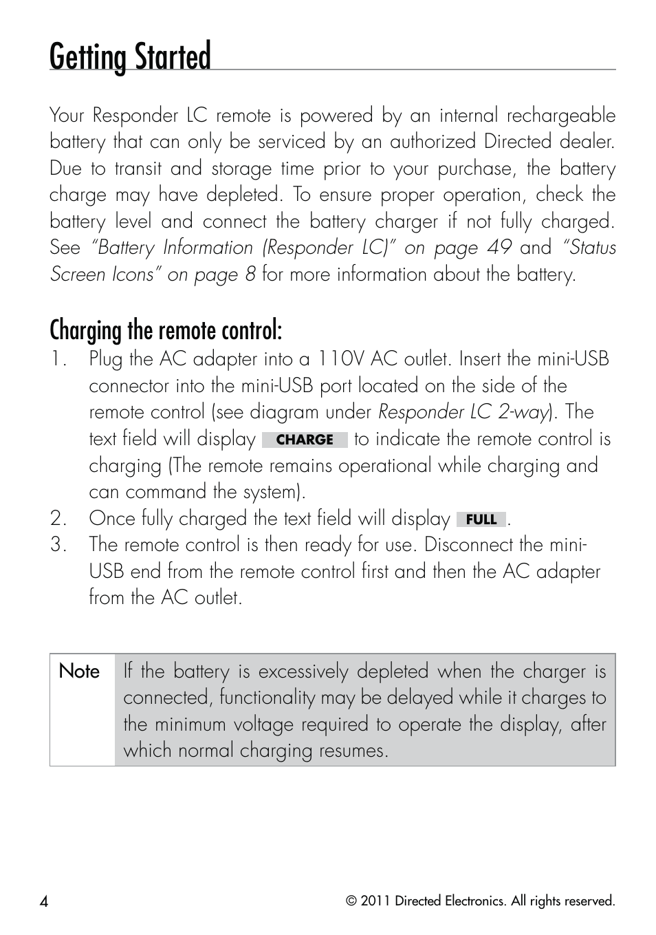 Getting started, Charging the remote control | CLIFFORD Responder LC 570.4X User Manual | Page 7 / 63