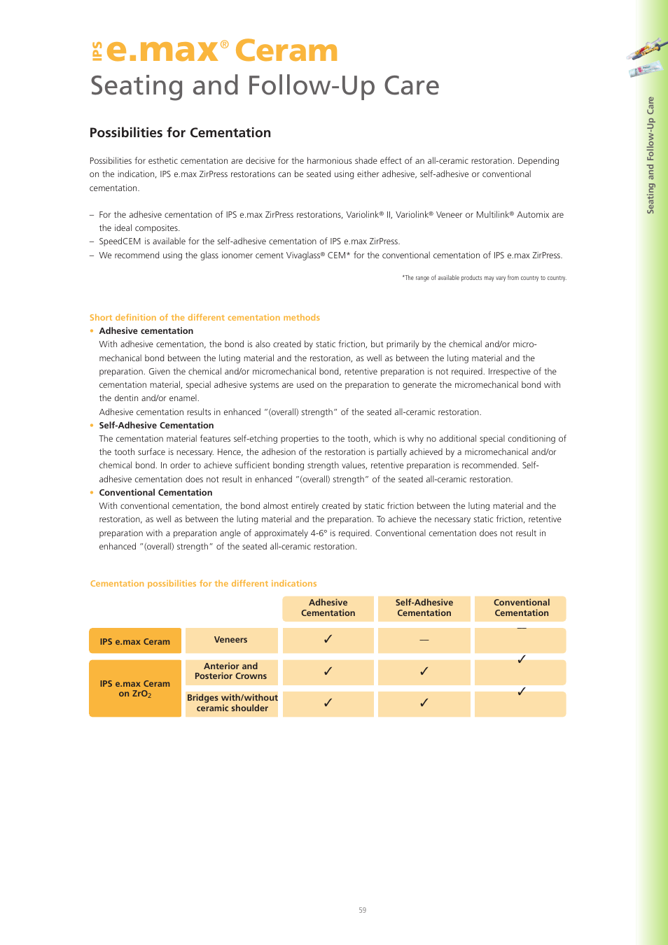 E.max, Ceram, Seating and follow-up care | Possibilities for cementation | Ivoclar Vivadent IPS e.max Ceram User Manual | Page 59 / 72