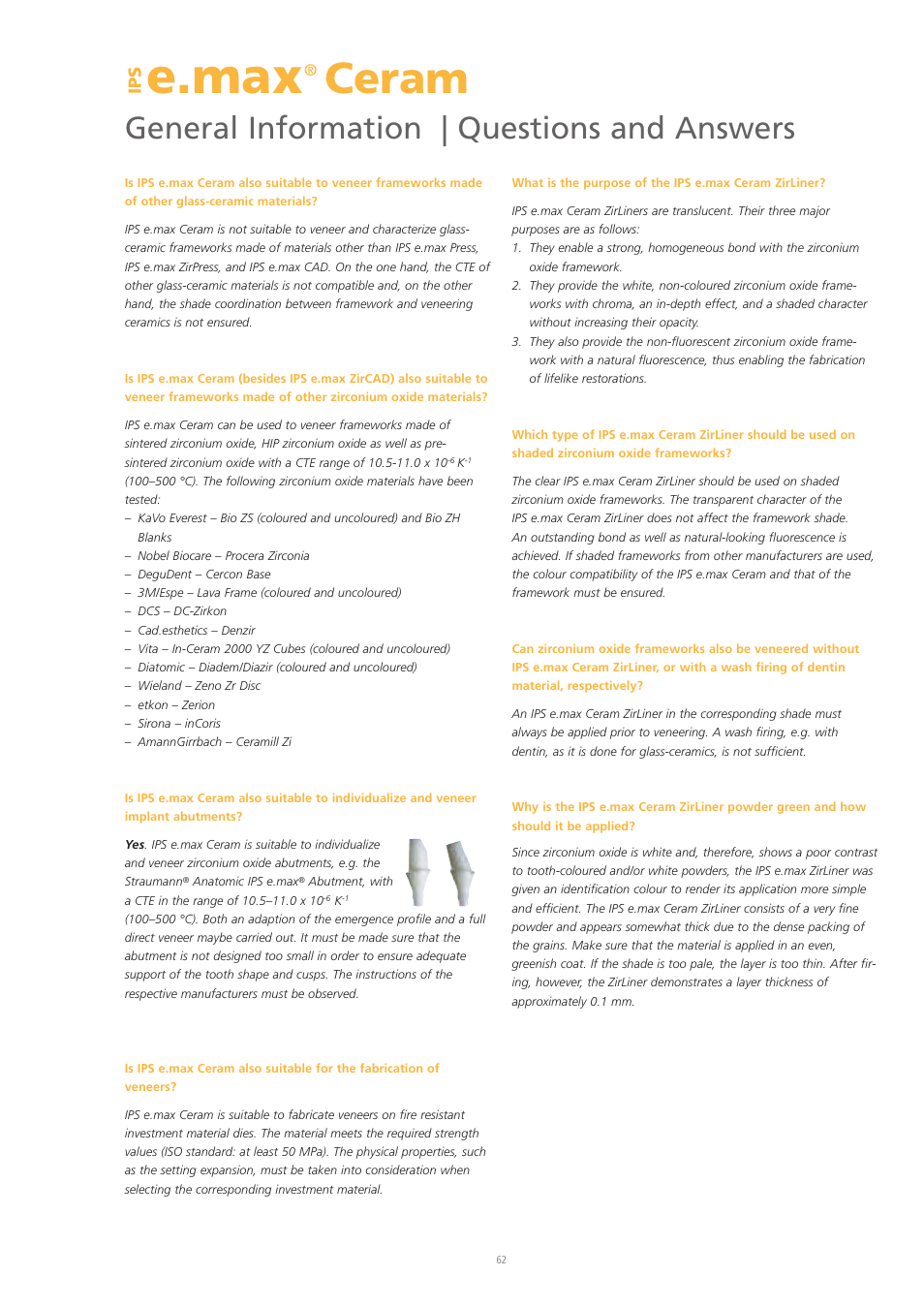 E.max, Ceram, General information | questions and answers | Ivoclar Vivadent IPS e.max Ceram User Manual | Page 62 / 72