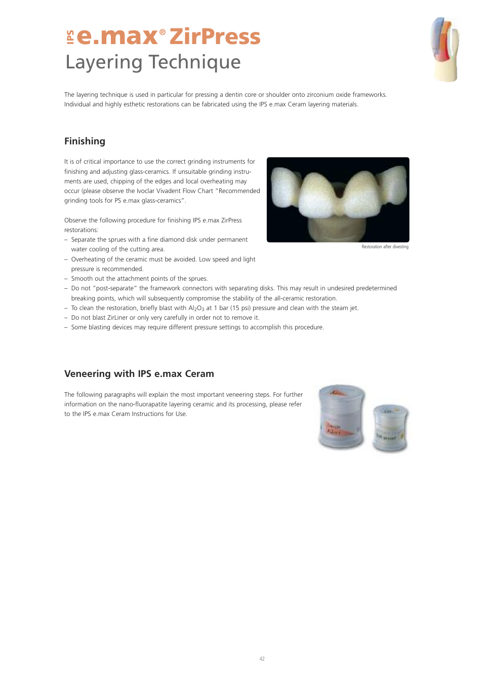 E.max, Zirpress, Layering technique | Finishing, Veneering with ips e.max ceram | Ivoclar Vivadent IPS e.max ZirPress User Manual | Page 42 / 76
