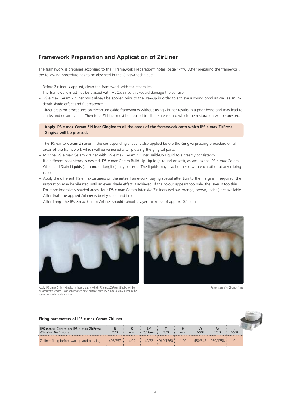 Framework preparation and application of zirliner | Ivoclar Vivadent IPS e.max ZirPress User Manual | Page 48 / 76