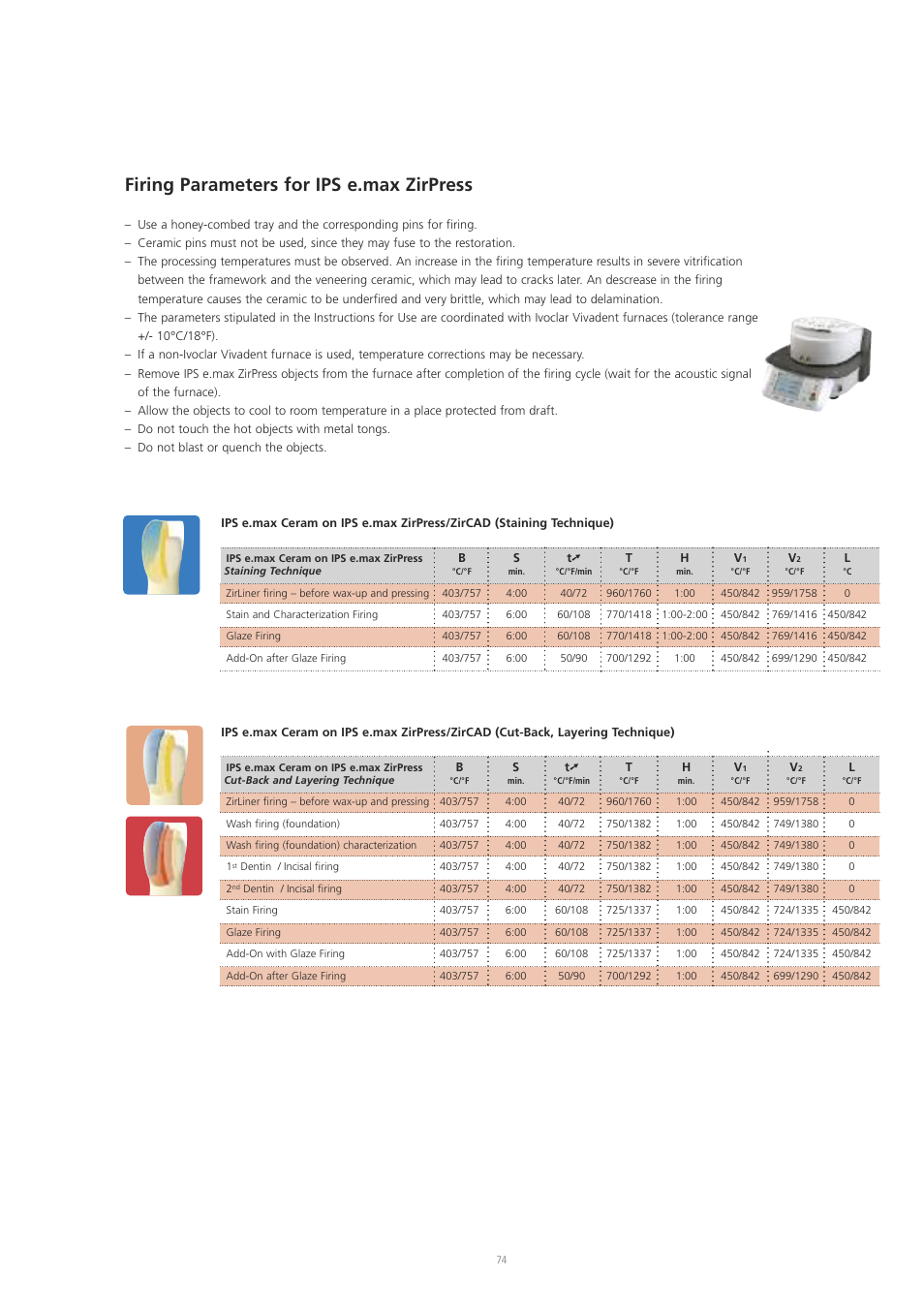 Firing parameters for ips e.max zirpress | Ivoclar Vivadent IPS e.max ZirPress User Manual | Page 74 / 76