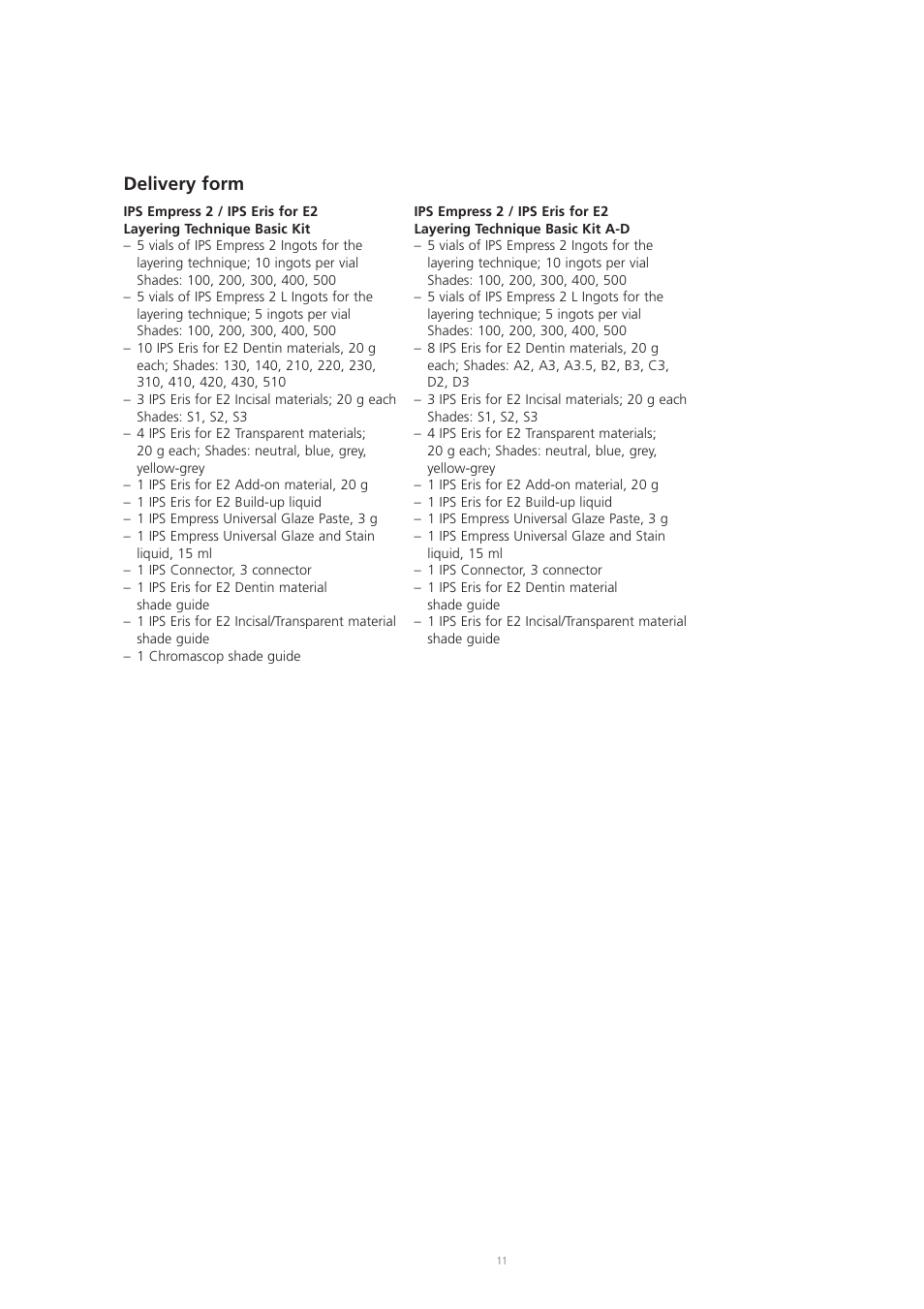 Delivery form | Ivoclar Vivadent IPS Eris for E2 User Manual | Page 11 / 48