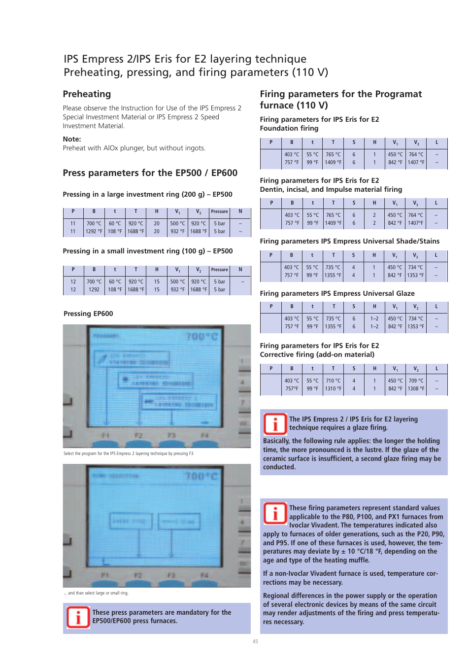 Preheating | Ivoclar Vivadent IPS Eris for E2 User Manual | Page 45 / 48