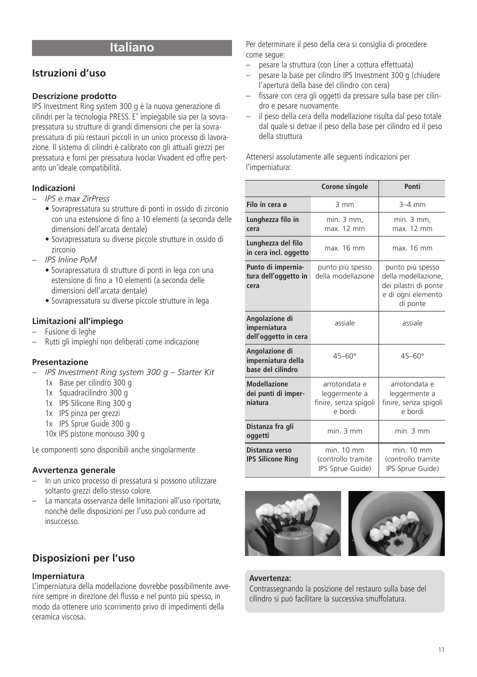 Italiano, Istruzioni d’uso, Disposizioni per l’uso | Ivoclar Vivadent IPS Investment Ring System 300g User Manual | Page 11 / 20