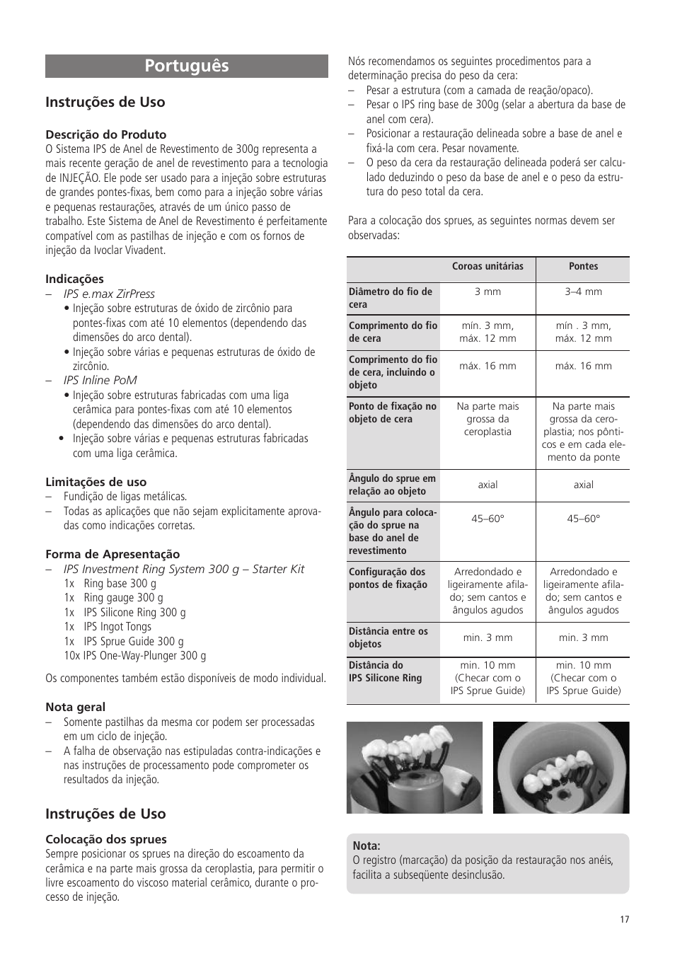 Português, Instruções de uso | Ivoclar Vivadent IPS Investment Ring System 300g User Manual | Page 17 / 20