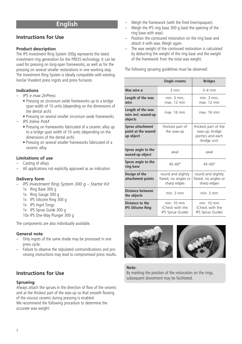 English, Instructions for use | Ivoclar Vivadent IPS Investment Ring System 300g User Manual | Page 2 / 20