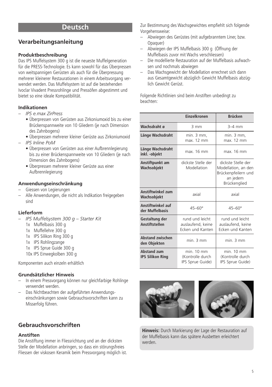 Deutsch, Verarbeitungsanleitung, Gebrauchsvorschriften | Ivoclar Vivadent IPS Investment Ring System 300g User Manual | Page 5 / 20