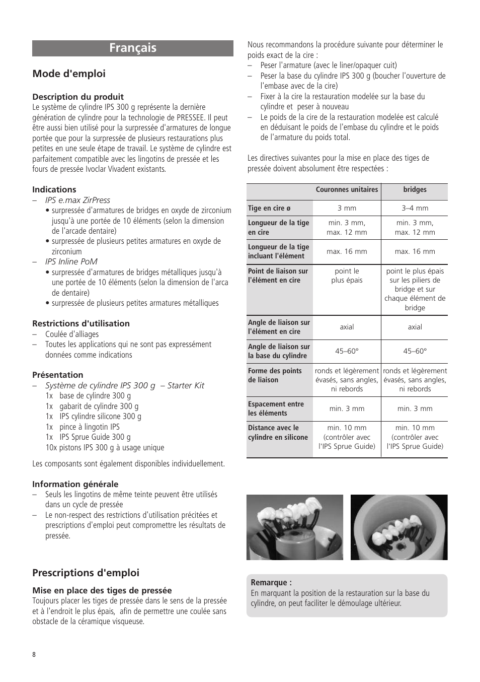 Français, Mode d'emploi, Prescriptions d'emploi | Ivoclar Vivadent IPS Investment Ring System 300g User Manual | Page 8 / 20
