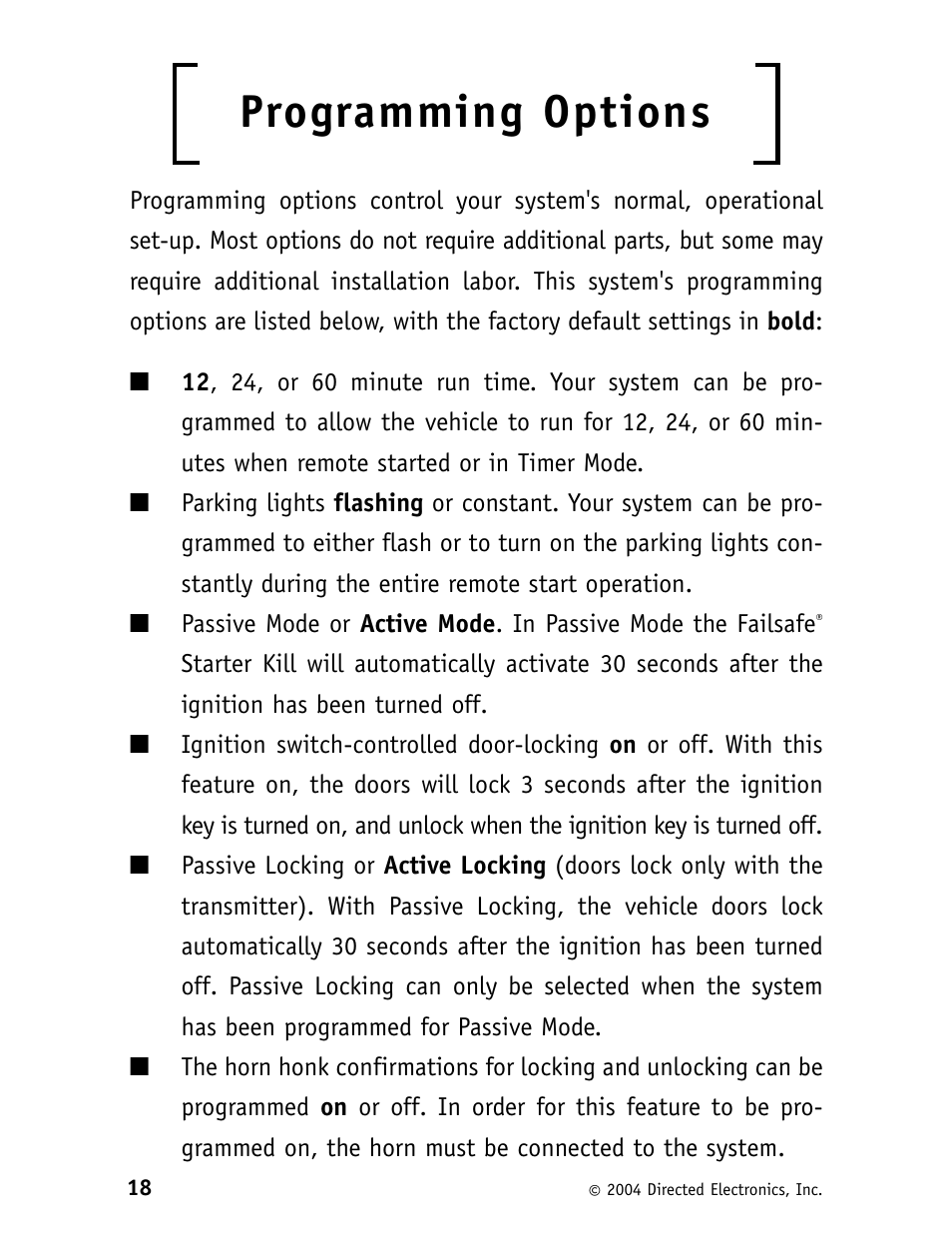 Programming options | CLIFFORD 562C User Manual | Page 22 / 30