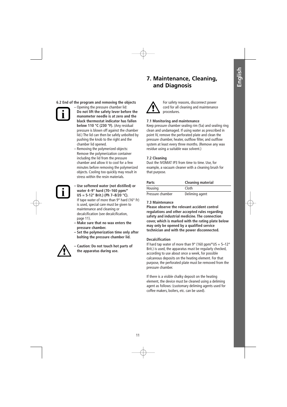 English 7. maintenance, cleaning, and diagnosis | Ivoclar Vivadent Ivomat IP3 User Manual | Page 11 / 64