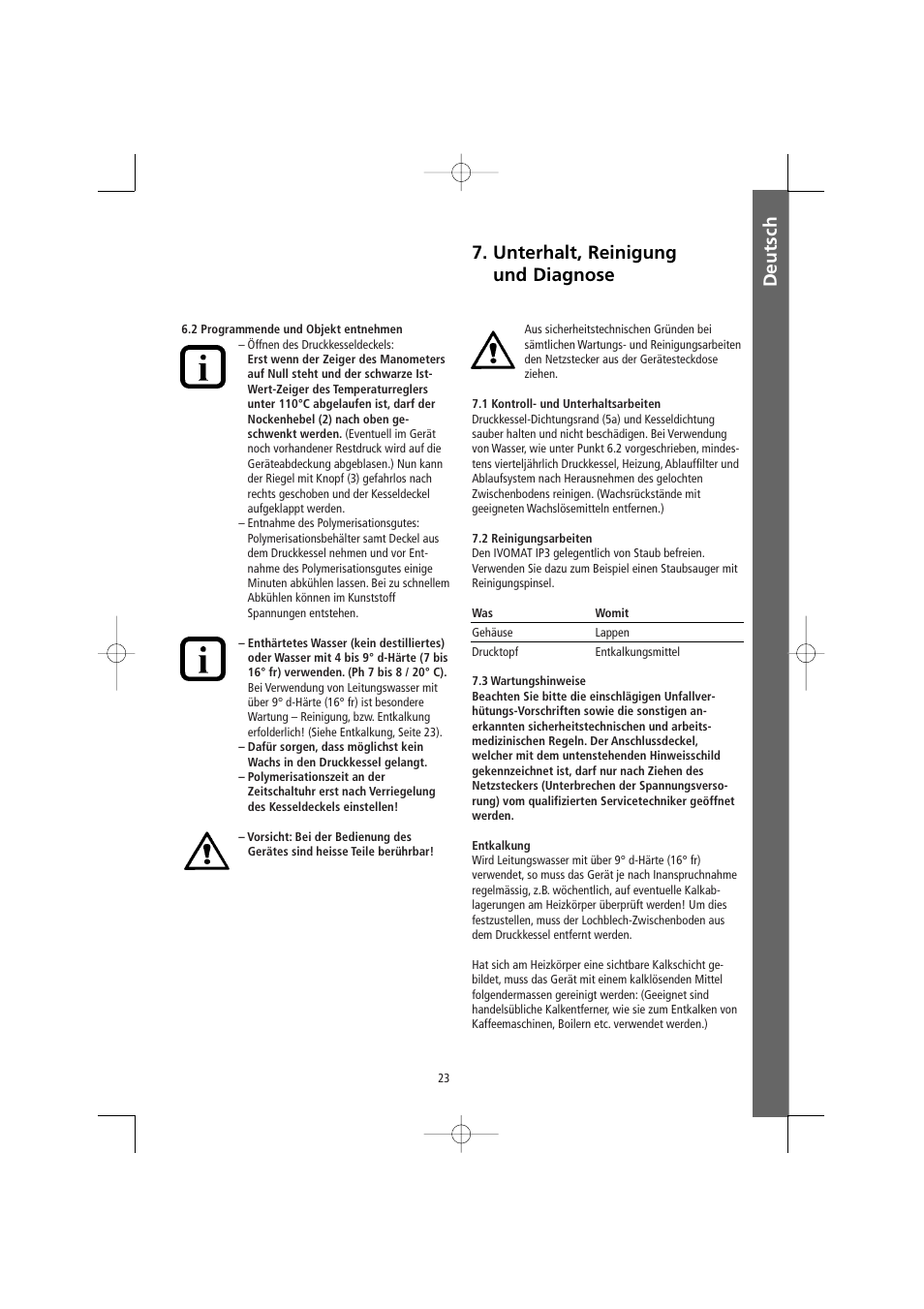 Unterhalt, reinigung und diagnose deutsch | Ivoclar Vivadent Ivomat IP3 User Manual | Page 23 / 64