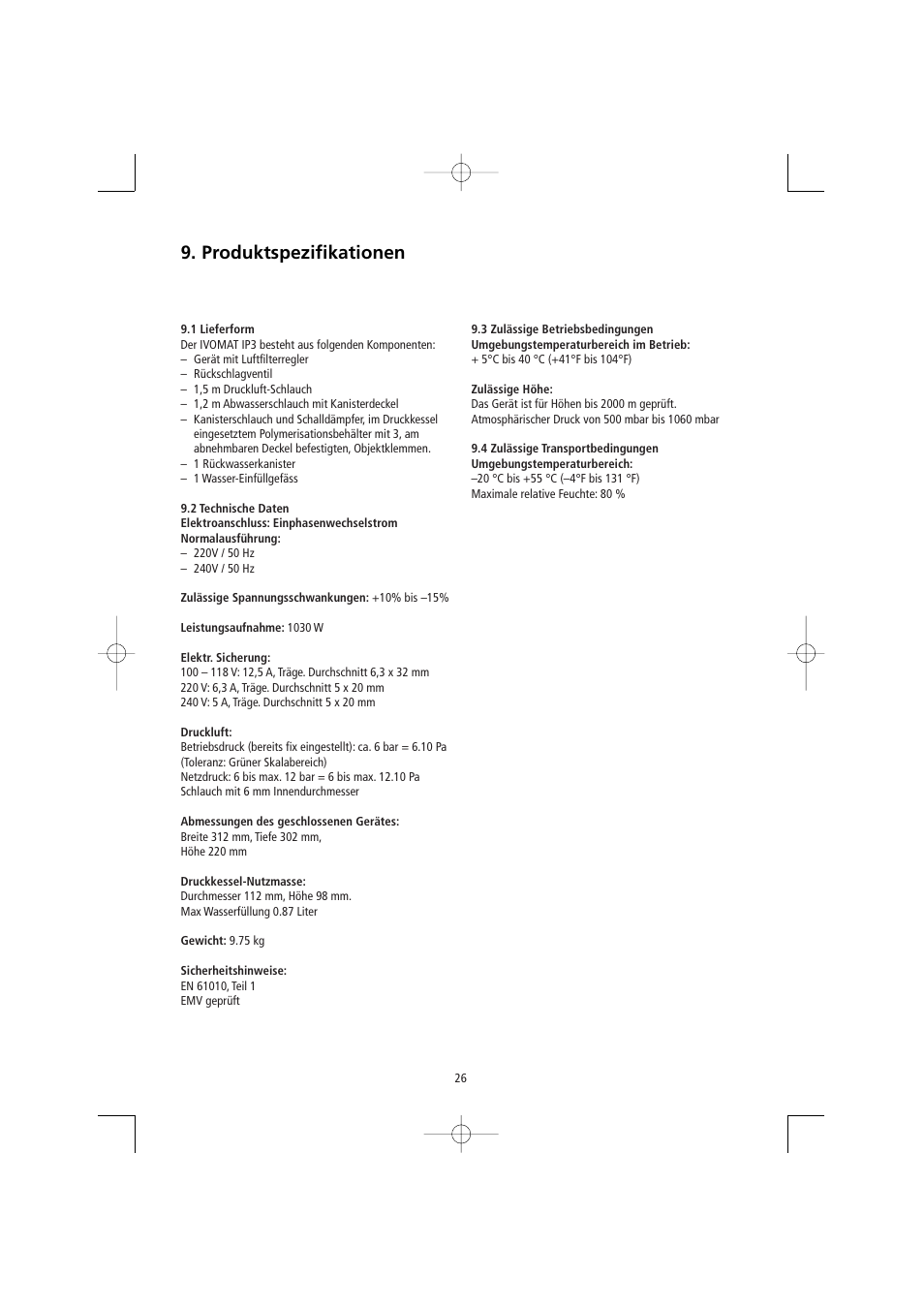 Produktspezifikationen | Ivoclar Vivadent Ivomat IP3 User Manual | Page 26 / 64