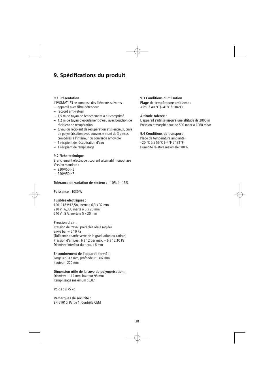 Spécifications du produit | Ivoclar Vivadent Ivomat IP3 User Manual | Page 38 / 64