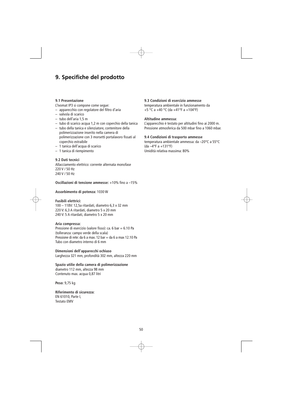 Specifiche del prodotto | Ivoclar Vivadent Ivomat IP3 User Manual | Page 50 / 64