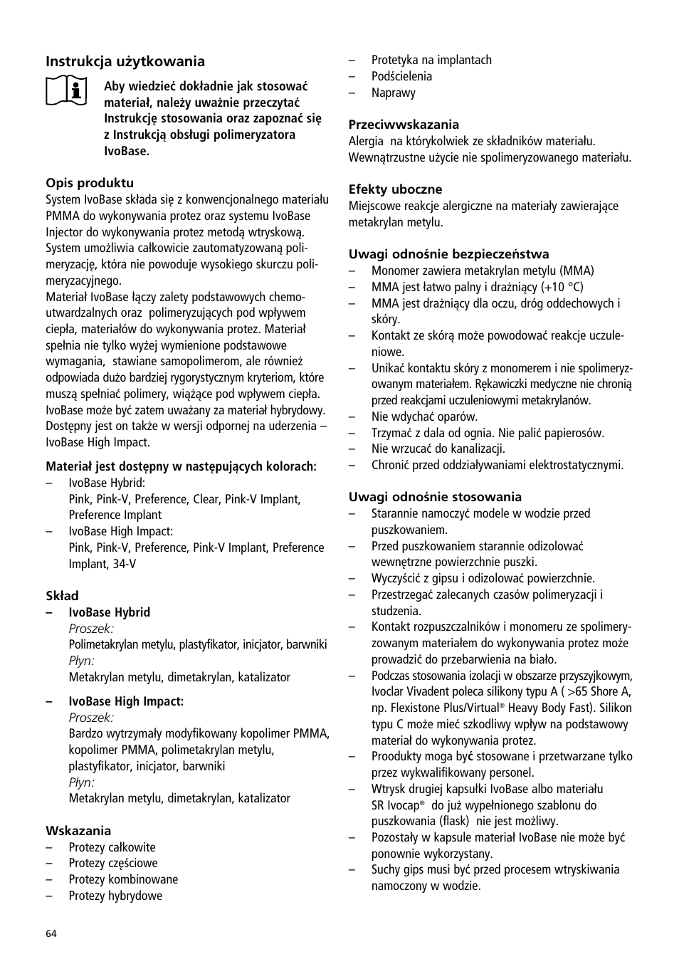 Ivoclar Vivadent IvoBase Material User Manual | Page 64 / 68
