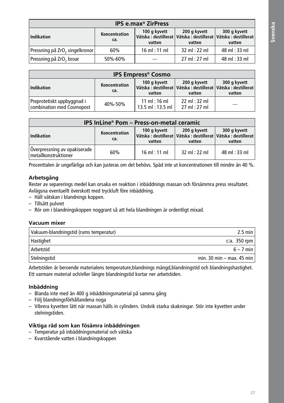 Svenska, Ips e.max, Zirpress | Ips empress, Cosmo, Ips inline, Pom – press-on-metal ceramic | Ivoclar Vivadent IPS PressVEST Speed User Manual | Page 27 / 64