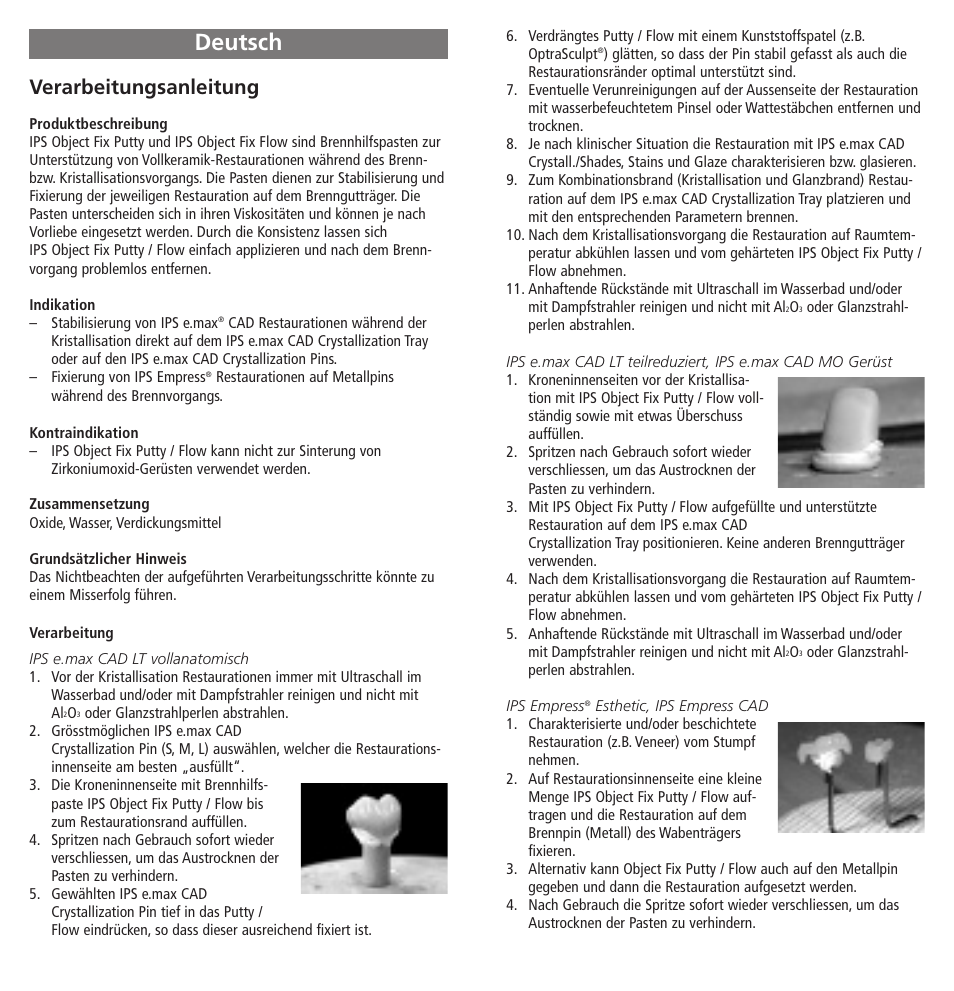 Deutsch, Verarbeitungsanleitung | Ivoclar Vivadent IPS Object Fix Putty-Flow User Manual | Page 3 / 11