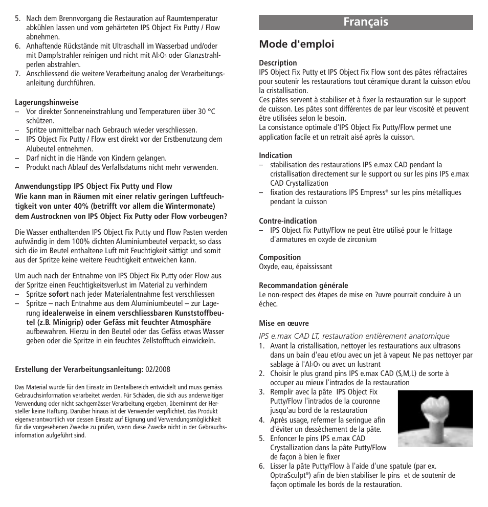 Français, Mode d'emploi | Ivoclar Vivadent IPS Object Fix Putty-Flow User Manual | Page 4 / 11