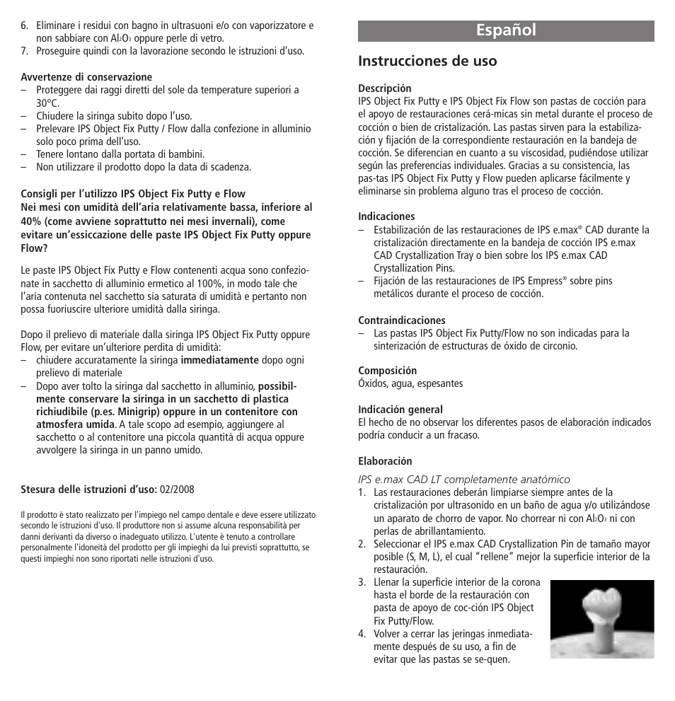 Español, Instrucciones de uso | Ivoclar Vivadent IPS Object Fix Putty-Flow User Manual | Page 7 / 11