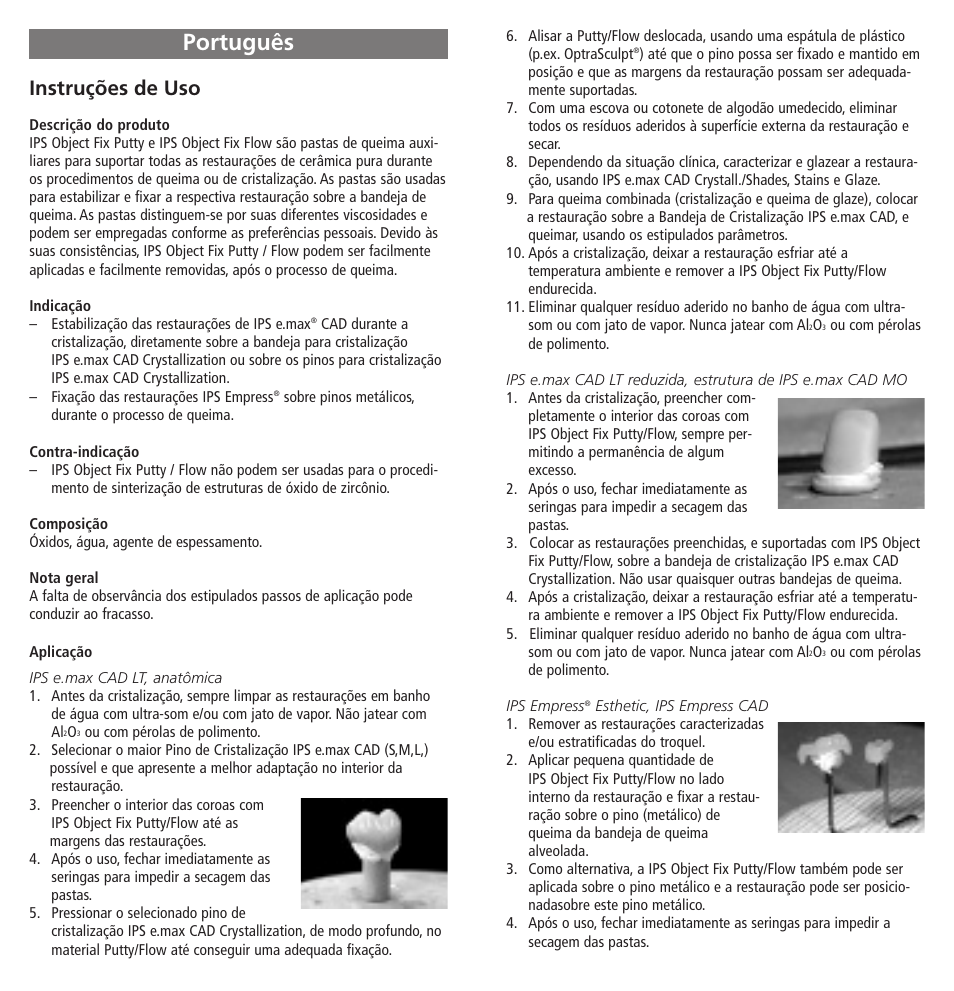 Português, Instruções de uso | Ivoclar Vivadent IPS Object Fix Putty-Flow User Manual | Page 9 / 11