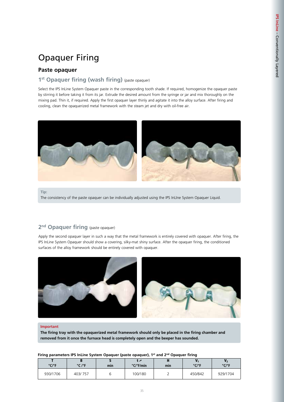 Opaquer firing, Paste opaquer 1, Opaquer firing (wash firing) | Ivoclar Vivadent IPS InLine System User Manual | Page 35 / 88