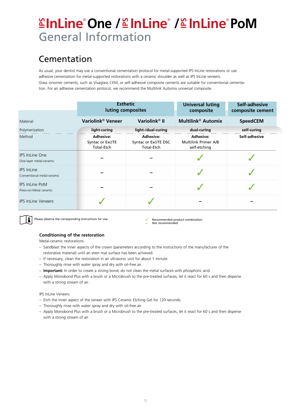 Inline, One / inline, General information | Cementation | Ivoclar Vivadent IPS InLine System User Manual | Page 72 / 88