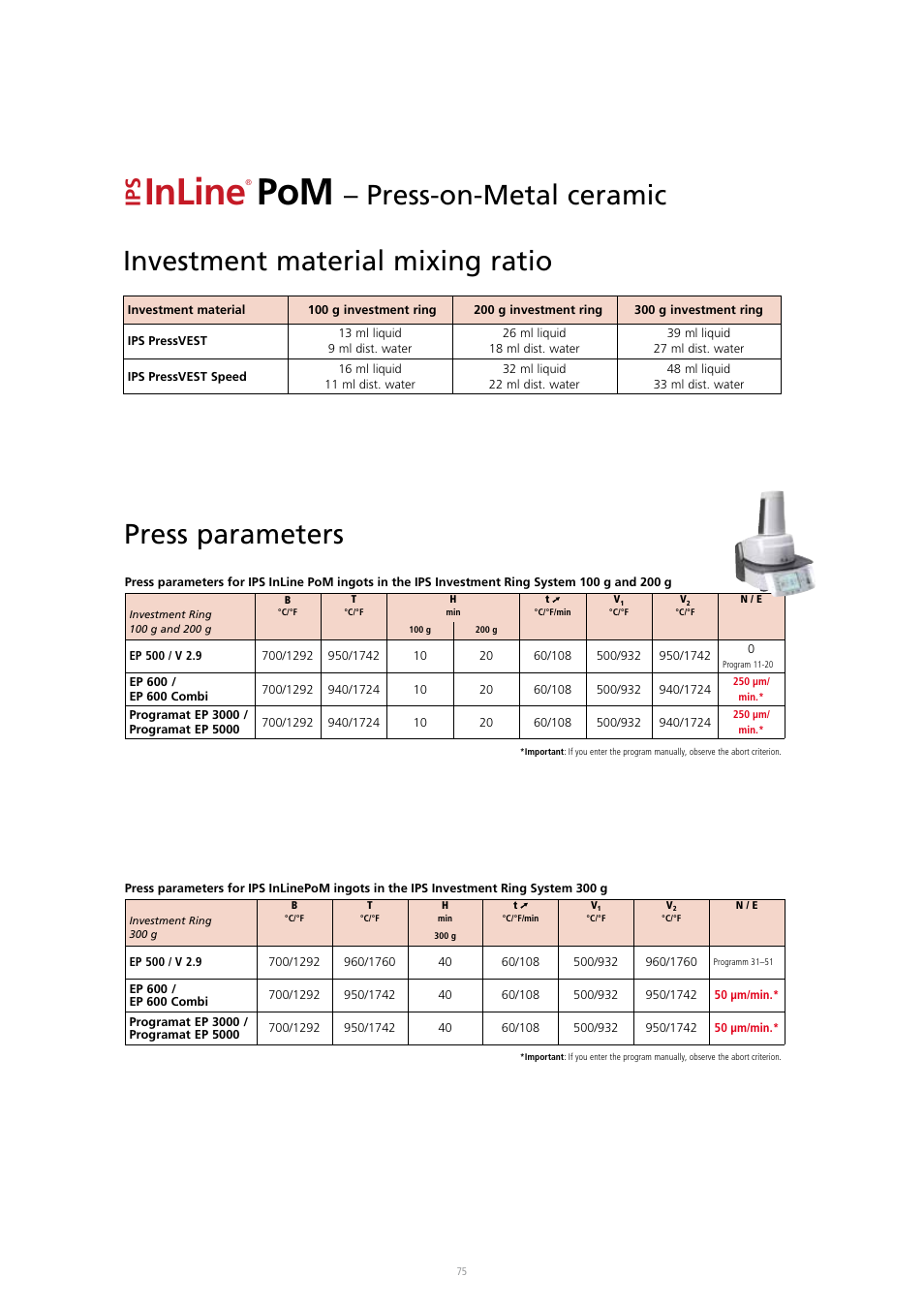 Inline, Investment material mixing ratio, Press parameters | Press-on-metal ceramic | Ivoclar Vivadent IPS InLine System User Manual | Page 75 / 88