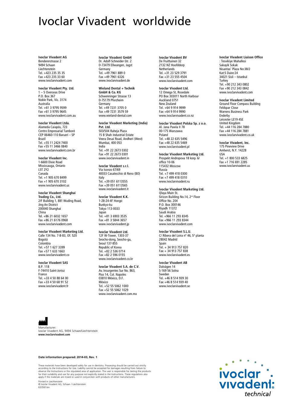 Ivoclar vivadent worldwide | Ivoclar Vivadent IPS InLine System User Manual | Page 88 / 88