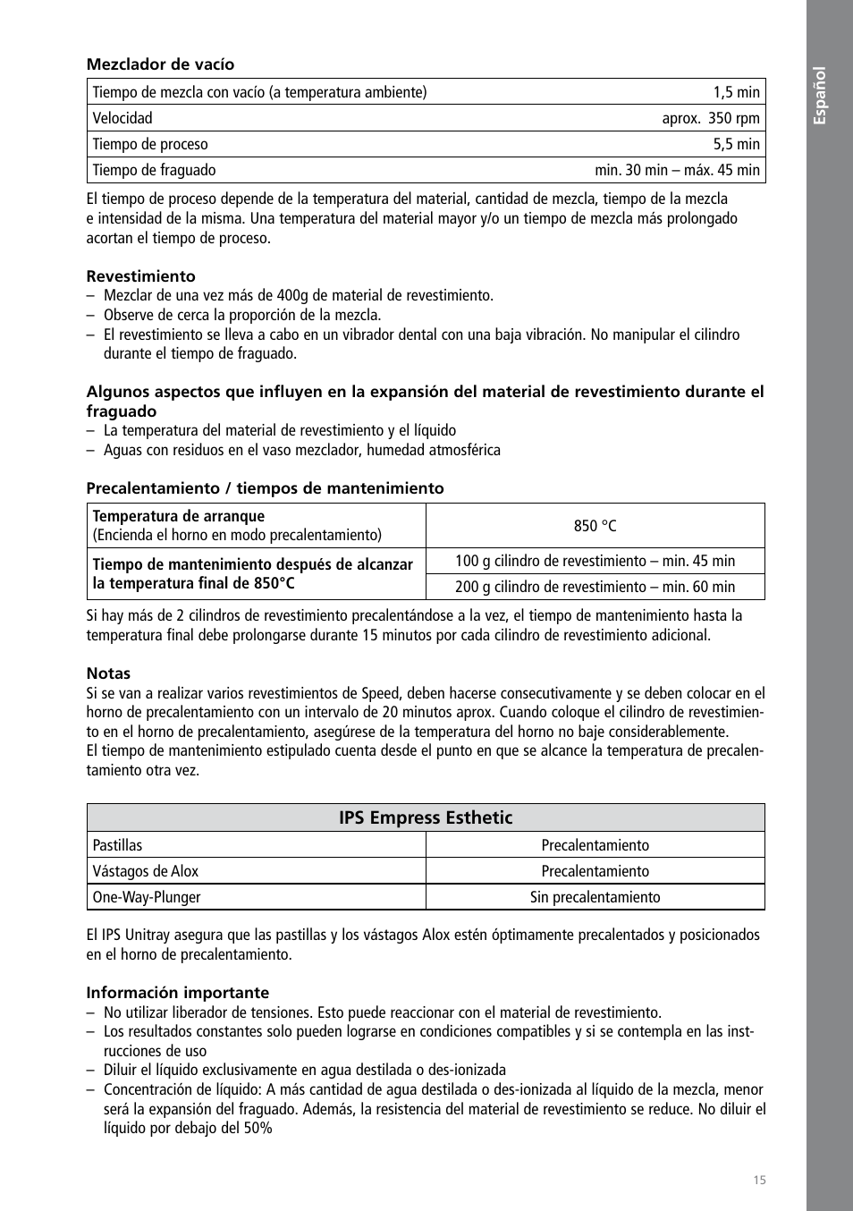 Español | Ivoclar Vivadent IPS Empress Esthetic Speed User Manual | Page 15 / 48