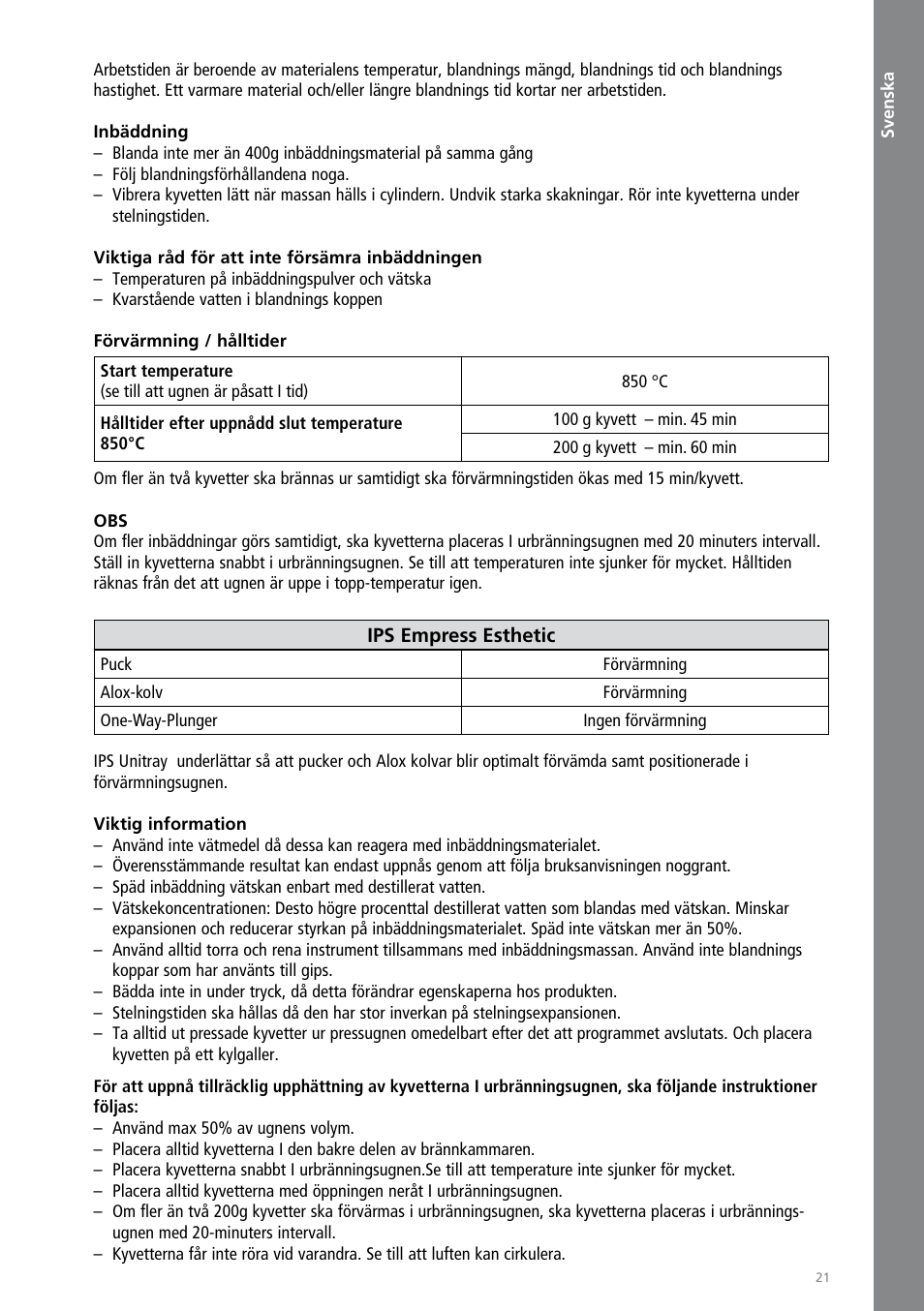 Svenska | Ivoclar Vivadent IPS Empress Esthetic Speed User Manual | Page 21 / 48