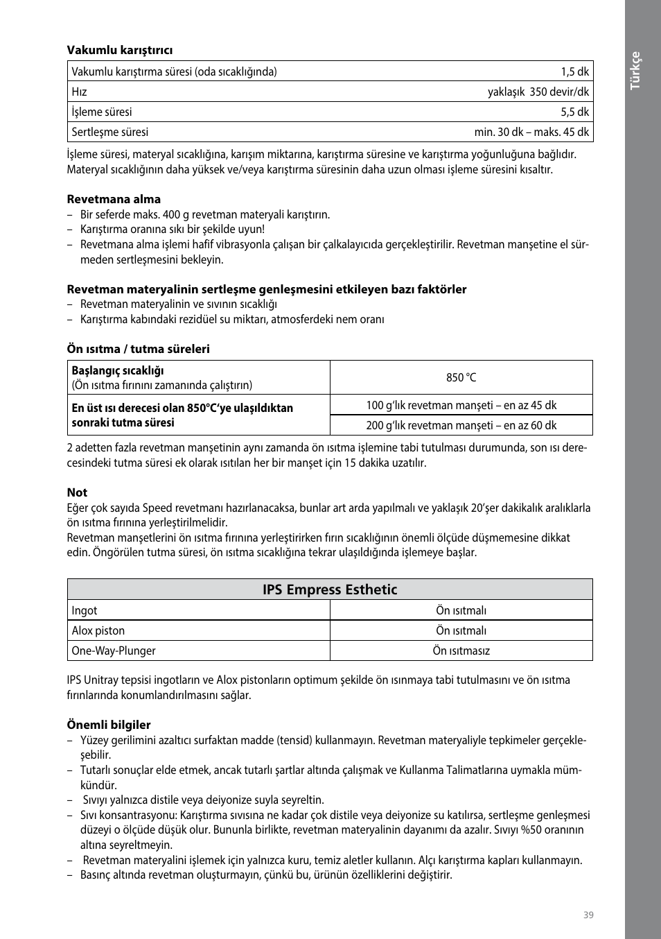 Türkçe | Ivoclar Vivadent IPS Empress Esthetic Speed User Manual | Page 39 / 48