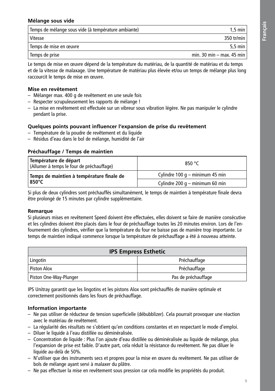 Français | Ivoclar Vivadent IPS Empress Esthetic Speed User Manual | Page 9 / 48