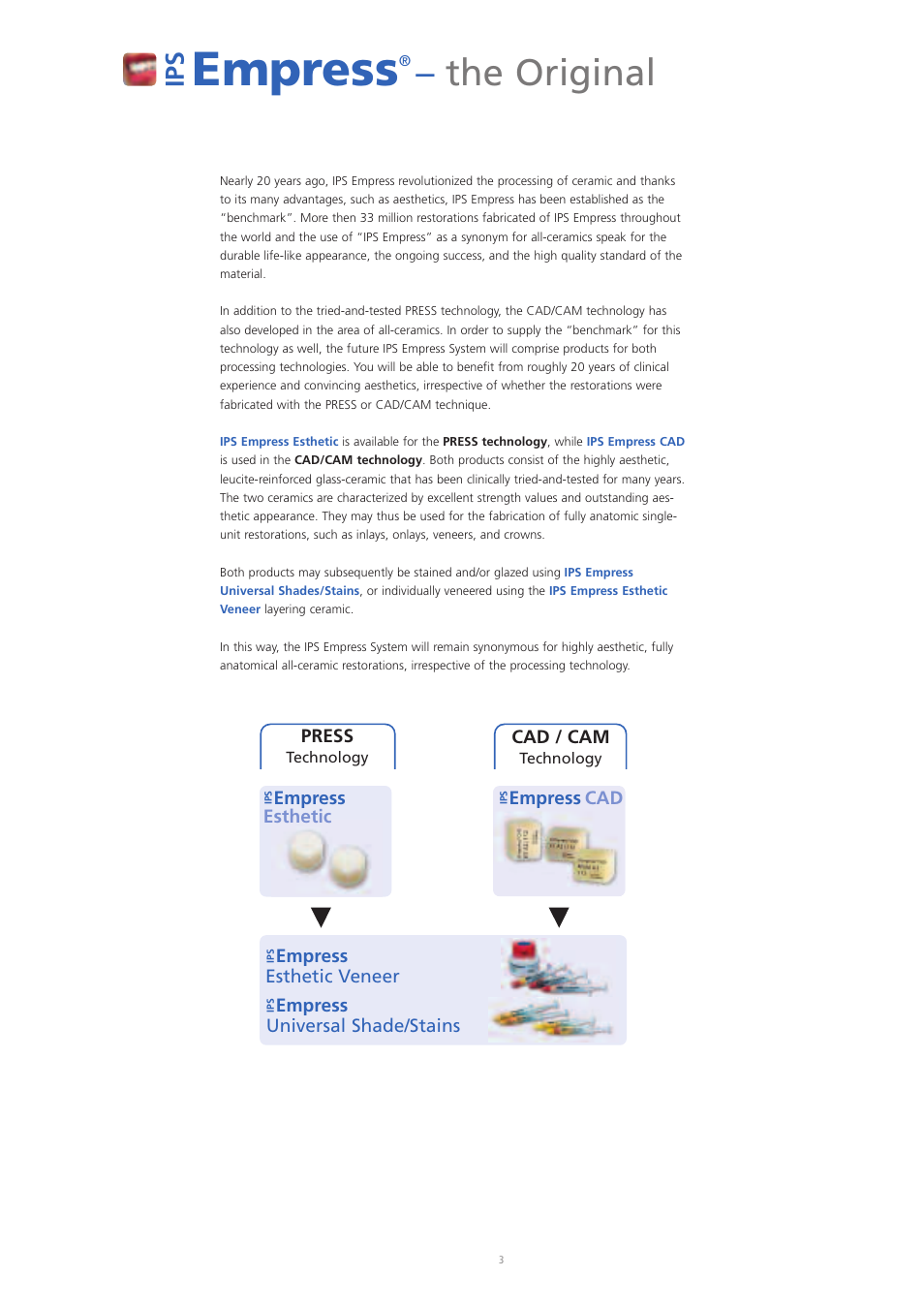 Empress, The original, Ip s | Press, Cad / cam, Empress esthetic, Empress cad, Universal shade/stains esthetic veneer | Ivoclar Vivadent IPS Empress Esthetic User Manual | Page 3 / 52