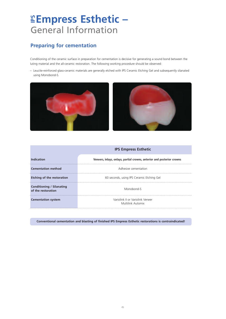 Empress esthetic, General information, Ip s | Preparing for cementation | Ivoclar Vivadent IPS Empress Esthetic User Manual | Page 45 / 52