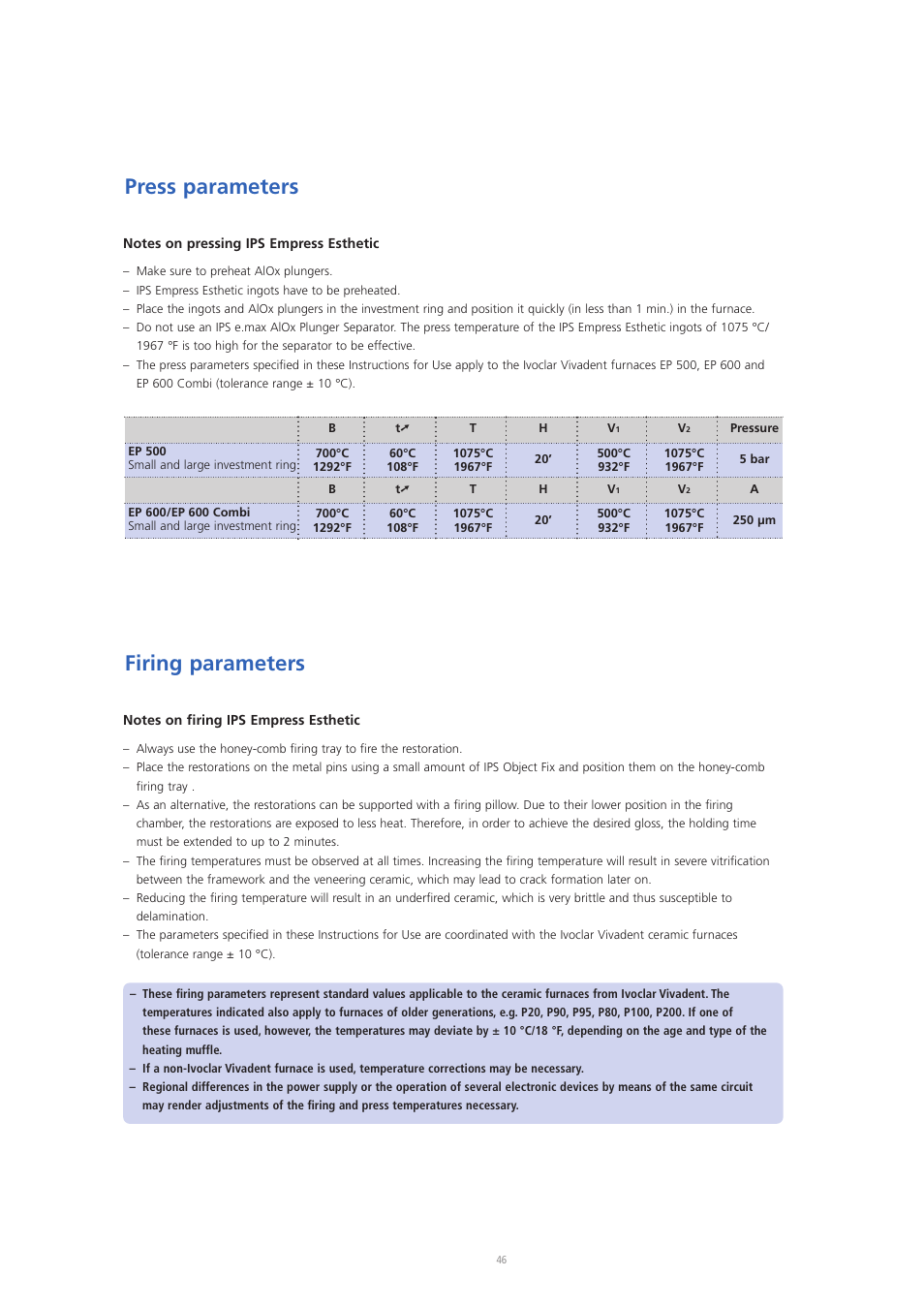 Press parameters, Firing parameters | Ivoclar Vivadent IPS Empress Esthetic User Manual | Page 46 / 52