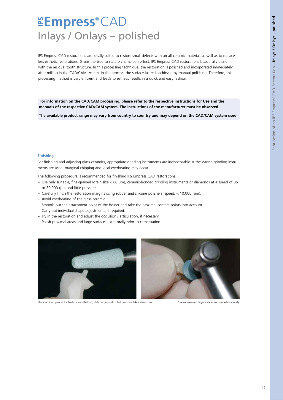 Empress, Inlays / onlays – polished | Ivoclar Vivadent PS Empress CAD Chairside User Manual | Page 19 / 40