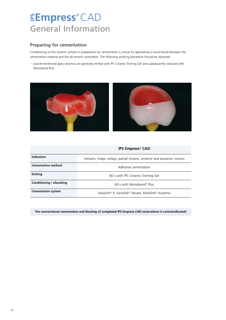 Empress, General information | Ivoclar Vivadent PS Empress CAD Chairside User Manual | Page 32 / 40