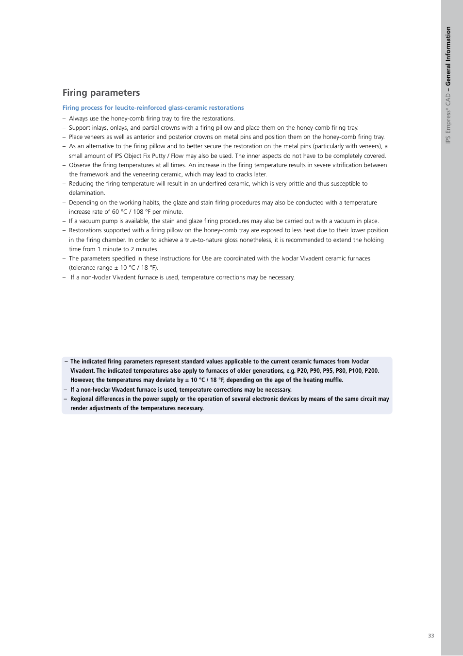 Firing parameters | Ivoclar Vivadent PS Empress CAD Chairside User Manual | Page 33 / 40