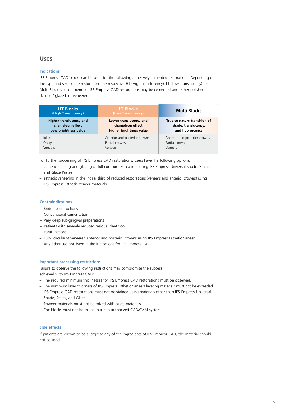 Uses | Ivoclar Vivadent PS Empress CAD Chairside User Manual | Page 5 / 40